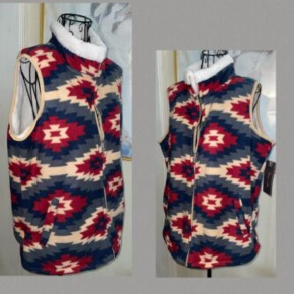 RIVER & ROSE SOUTHWEST PRINT SHERPA LINED FULL ZIP VEST~BLUE,RED~XL - Picture 3 of 6